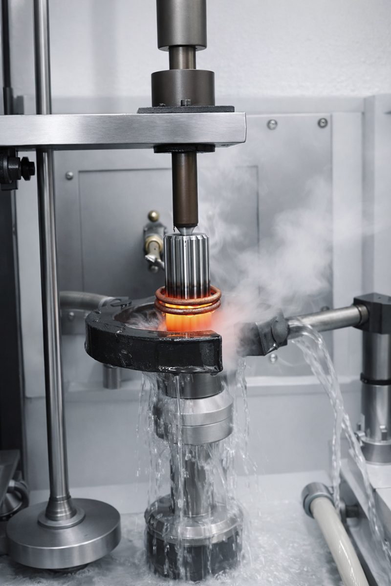 Spline shaft being induction hardened with quench water